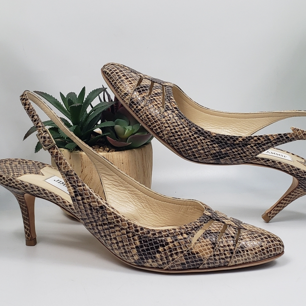 Jimmy Choo Reptile Sling-Back Tan & Black Leather Classique 39.5/ 8.5